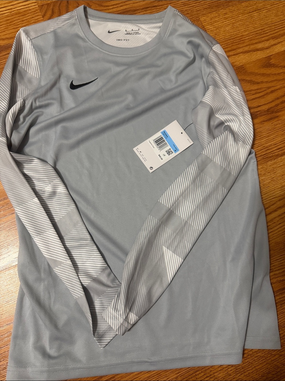 Nike Light Gray Long-Sleeve Dri-FIT Top with Patterned Sleeves